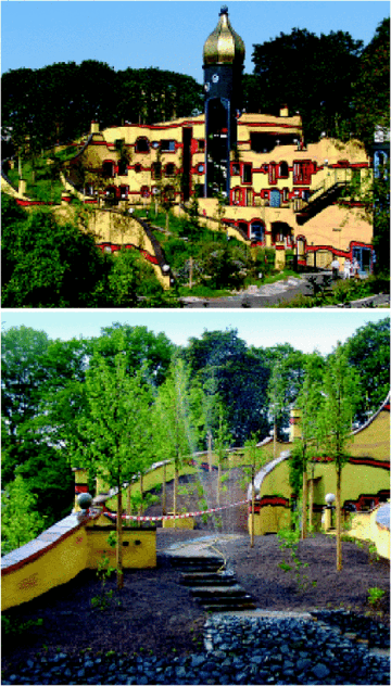 Referenz mit tollem Werbeeffekt: fertiges Ronald McDonald Haus im Gruga-Park Essen (oben) und whrend der Bauphase