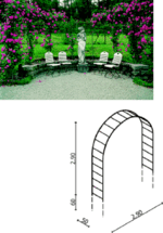 Der Mittelweg des Rosensichtungsgartens in Baden-Baden wird von 2,90m hohen und 2,90 m breiten Rosenbögen überwölbt (ganz oben und rechts)<BR>
Sieben Rankbögen aus 15mm Vollstahl umschließen eine Sitznische im Rosensichtungsgarten Baden-Baden (oben)