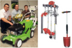 Links: Der Hauptpreis, der MB 750 KS von Viking, und dessen glückliche Gewinner Gerhard (2.v.l.) und Gerrit Wulfhorst (3.v.l.) mit dem Verkaufsberater von Stihl-VikingRechts: Auch das Emak „Multimade Easy Kit“ (links) und der Druckluftspaten von MTM Spindler sind bei den neuen Besitzern