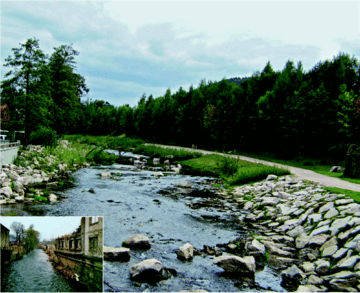 Bei der naturnahen Umgestaltung der Groen Mittweida in Schwarzenberg kamen 15 verschiedene ingenieurbiologische Bauweisen zum Einsatz. Das kleine Bild links zeigt den Flussabschnitt vor seiner Renaturierung  naturfern, mit begradigtem Gewsserverlauf