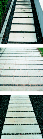 Kombinationen von Betonplatten und Basalt: ganz oben Betonplatten 40 × 100 mit Basaltsplitt, darunter Betonplatten 40 × 40 mit Basaltmosaikpflaster und Betonplatten 40 × 100 ebenfalls mit Basaltmosaikpflaster (unten)