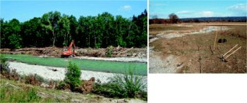 Verfrachtetes Schwemmholz nach einem Hochwasser 2005 bei Peienberg in Oberbayern (links). Fr die Schwemmholzrckhaltung sind Renaturierungsmanahmen, hier am Beispiel der Rott, sehr wirkungsvoll (rechts)