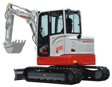 Die drei neuen Takeuchi Baggermodelle die auf der bauma vorgestellt werden: Die Kompaktbagger TB 335, TB 350 und der Mobilbagger TB 395 W.