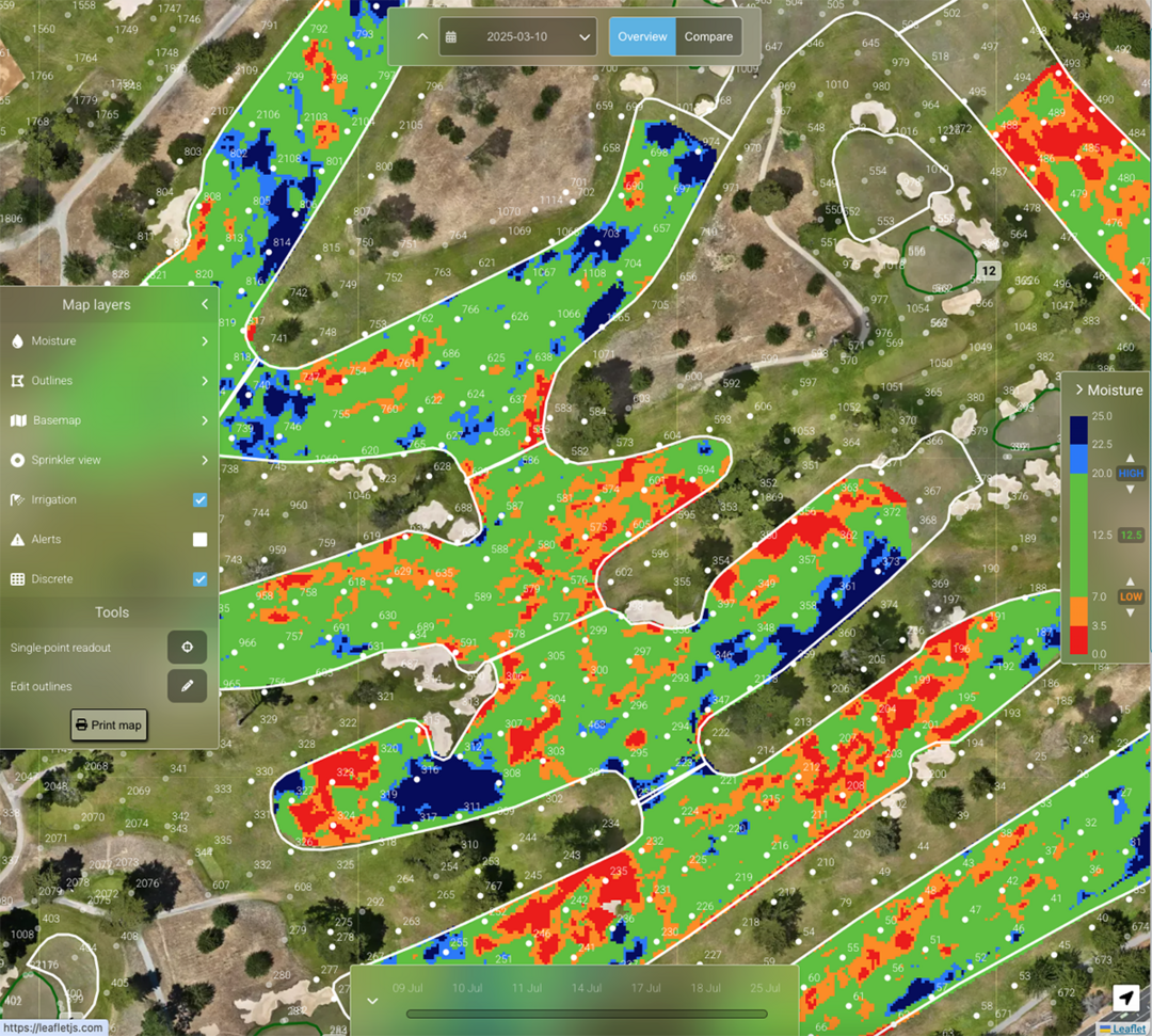 Per Datenbertragung wird in Lynx dann eine farbkodierte Karte erstellt, auf der der Greenkeeper genau sieht, wo es wie feucht ist und kann die Beregnung anpassen.