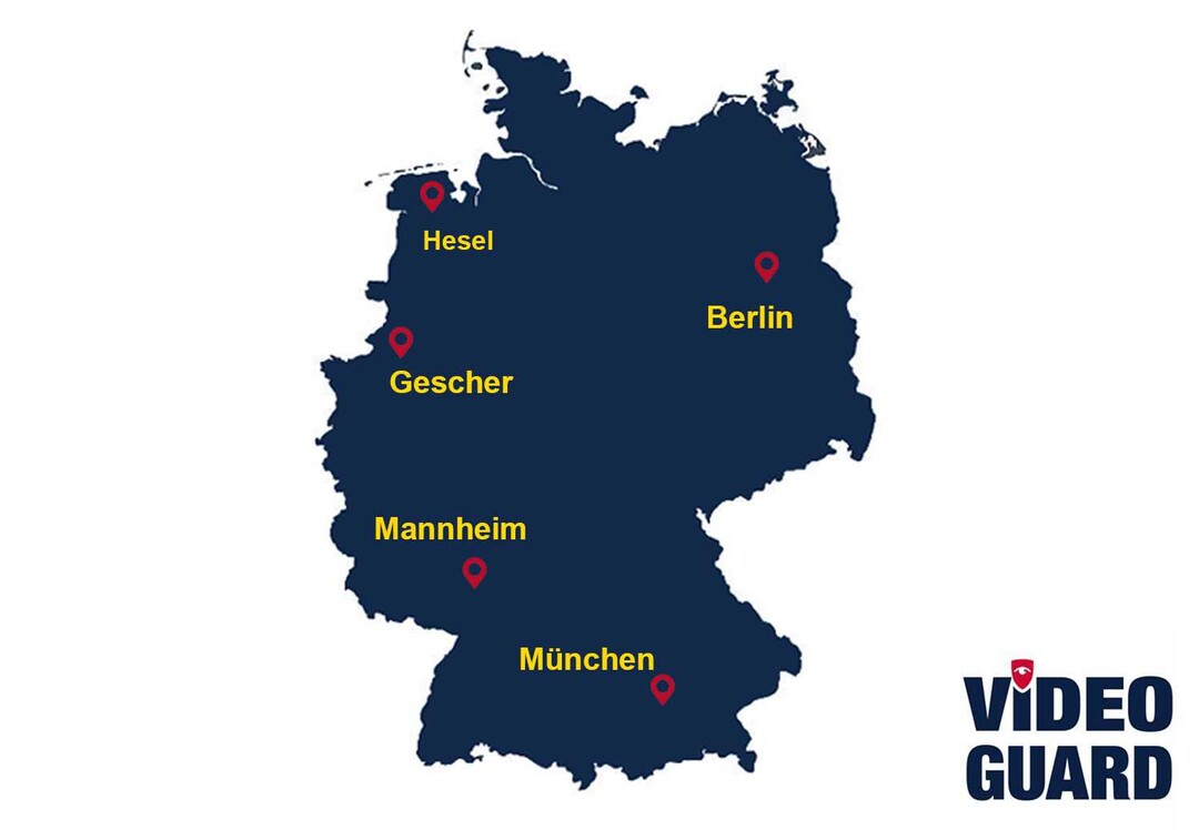 Die fnf Standorte in Hesel, Gescher, Mannheim, Mnchen und Berlin ermglichen eine flchendeckende Prsenz von Video Guard und umfangreichen Kundenservice deutschlandweit.